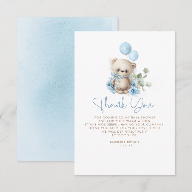 Carte De Remerciements Cadeau de remerciement pour une baby shower Ourson (Devant / Derrière)