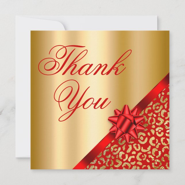 Carte De Remerciements Cadeau Glam en or et léopard rouge (Devant)