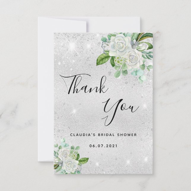 Carte De Remerciements Cadeaux de douche de mariage argent paillettes bla (Devant)