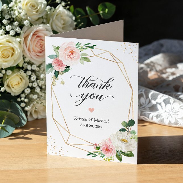 Carte De Remerciements Cadre d'or géométrique moderne Blush rose floral (Créateur téléchargé)