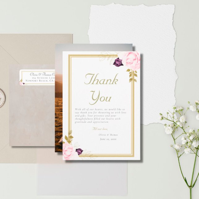 Carte De Remerciements Cadre d'or traditionnel Rose Rustique Mariage phot (Créateur téléchargé)