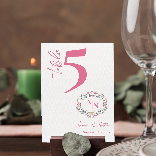 Carte De Remerciements Cadre floral Chic Monogramme Mariage Numéro de tab (Floral Frame Chic Monogram Wedding Table Number)