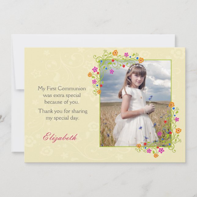 Carte De Remerciements Cadre floral d'été, photo jaune (Devant)