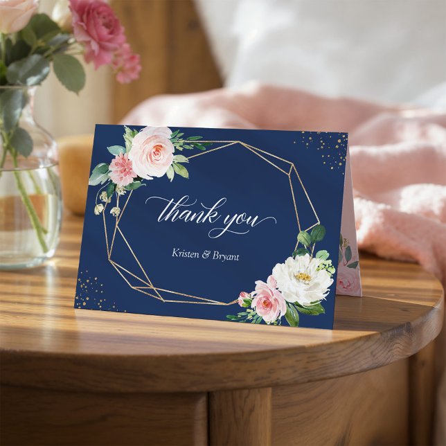 Carte De Remerciements Cadre géométrique floral rose rouge Navy Blue (Créateur téléchargé)
