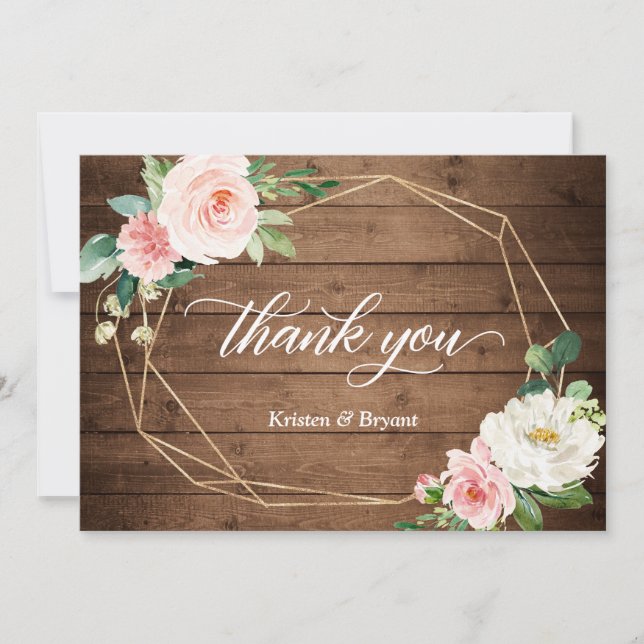 Carte De Remerciements Cadre géométrique rustique et Mariage floral (Devant)