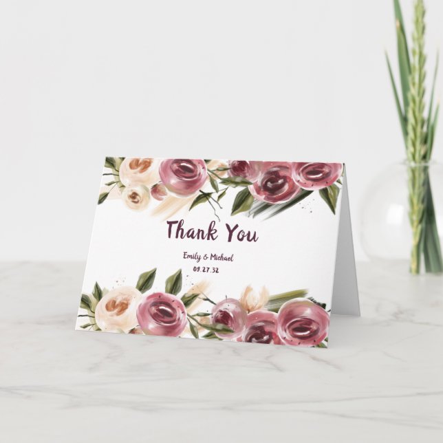 Carte De Remerciements Cadre Rose à la crème de Bourgogne doux (Devant)