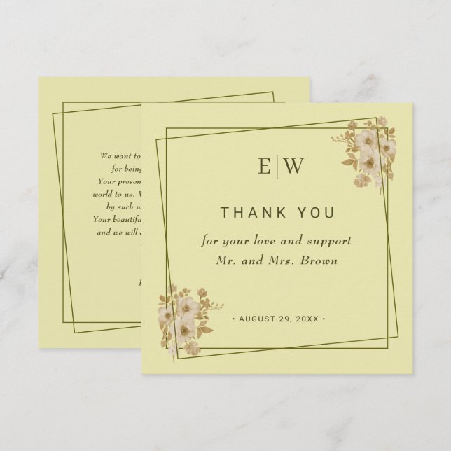Carte De Remerciements Cadre rose - Mariage jaune céleste Monogramme (Devant / Derrière)
