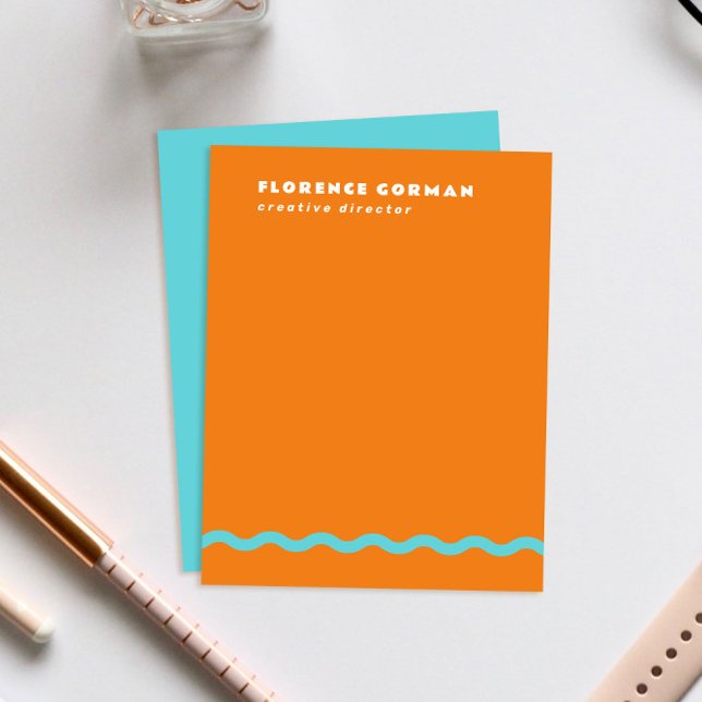 Carte De Remerciements Cadres volumineux juteux orange et turquoise (bright juicy orange personal stationery note cards with turquoise blue backer and wavy line detail)