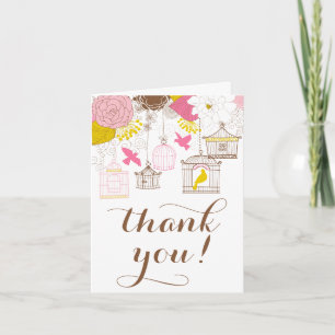Carte De Remerciements Cages à oiseaux roses et jaunes Fleurs printanière