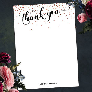 Carte De Remerciements Calligraphie avec Coeurs et Confetti en cuivre
