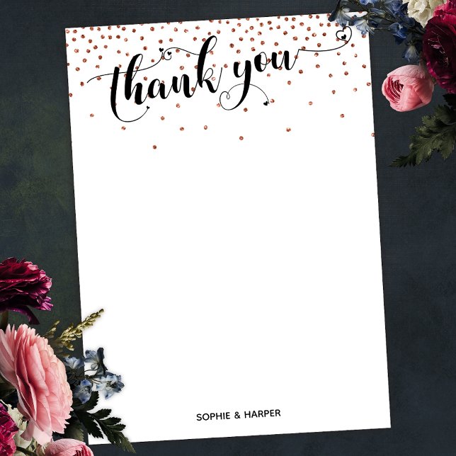 Carte De Remerciements Calligraphie avec Coeurs et Confetti en cuivre (Créateur téléchargé)