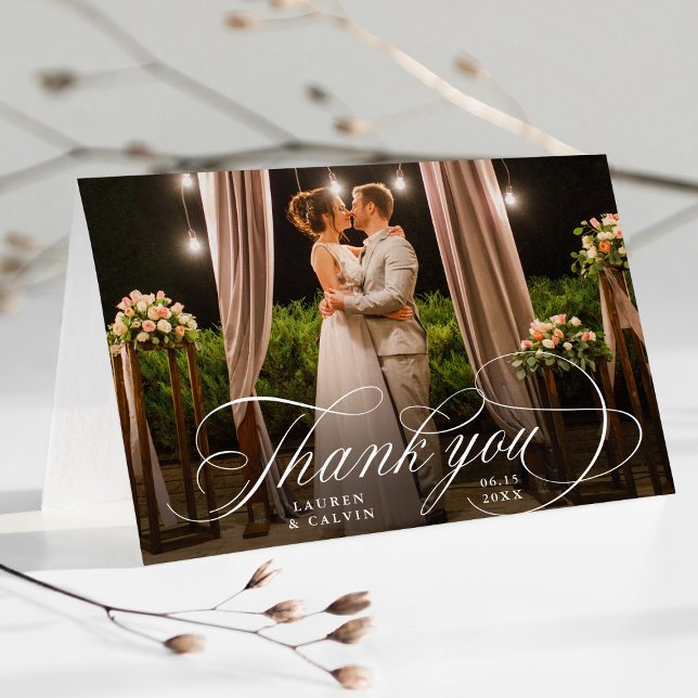Carte De Remerciements Calligraphie blanche romantique Mariage photo plié (Créateur téléchargé)