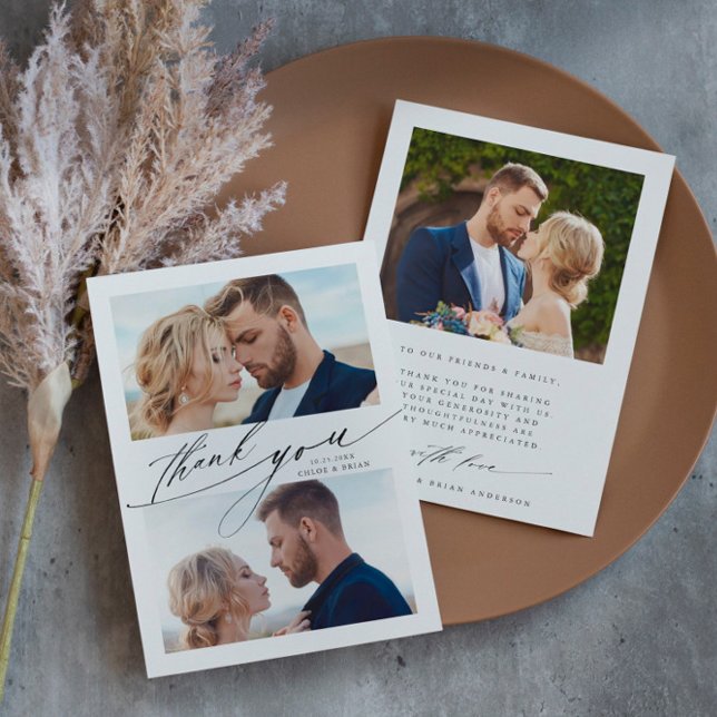 Carte De Remerciements Calligraphie Boho Moderne 3 Photo Mariage  (Créateur téléchargé)