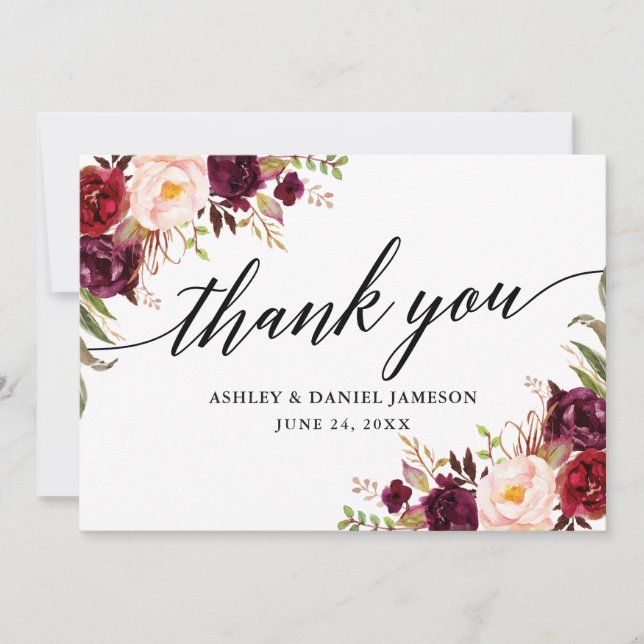 Carte De Remerciements Calligraphie Bourgogne Floral Mariage (Devant)