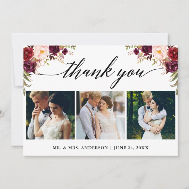 Carte De Remerciements Calligraphie Bourgogne Floral Mariage 3 Photo (Devant)