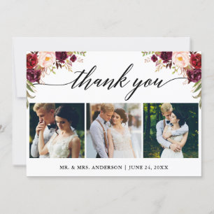 Carte De Remerciements Calligraphie Bourgogne Floral Mariage 3 Photo