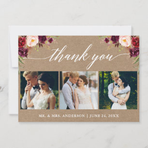 Carte De Remerciements Calligraphie Bourgogne Floral Mariage 3 Photo Kraf