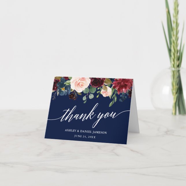 Carte De Remerciements Calligraphie Bourgogne Floral Mariage Bleu Note (Devant)
