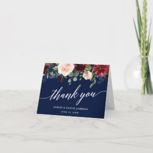 Carte De Remerciements Calligraphie Bourgogne Floral Mariage Bleu Note