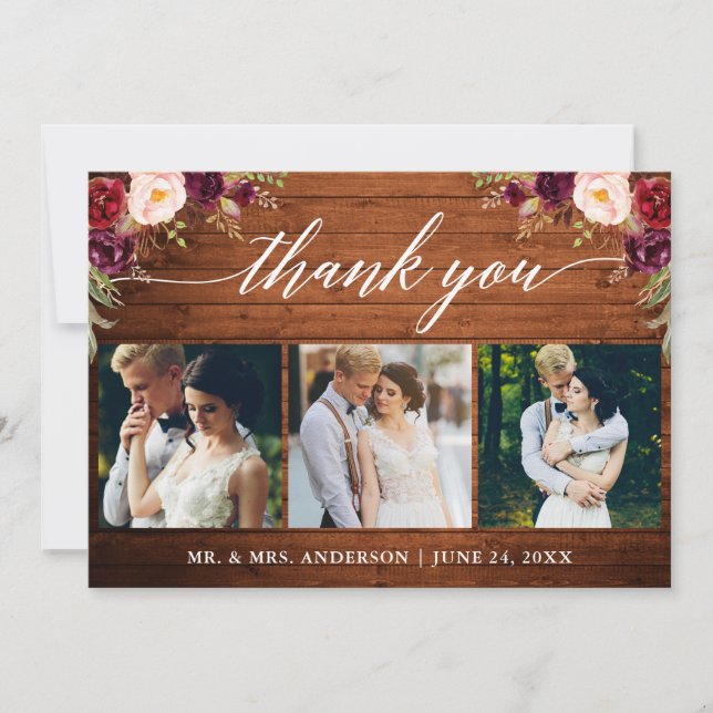 Carte De Remerciements Calligraphie Bourgogne Floral Mariage Bois 3 Photo (Devant)