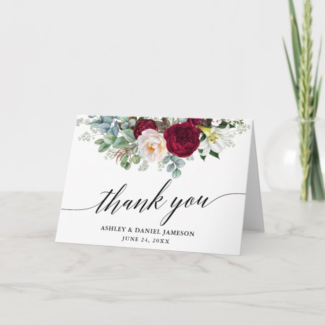 Carte De Remerciements Calligraphie Bourgogne Flore Vert Mariage Plier (Devant)