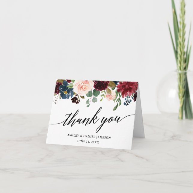 Carte De Remerciements Calligraphie Burgundy Bleu Floral Mariage Note (Devant)