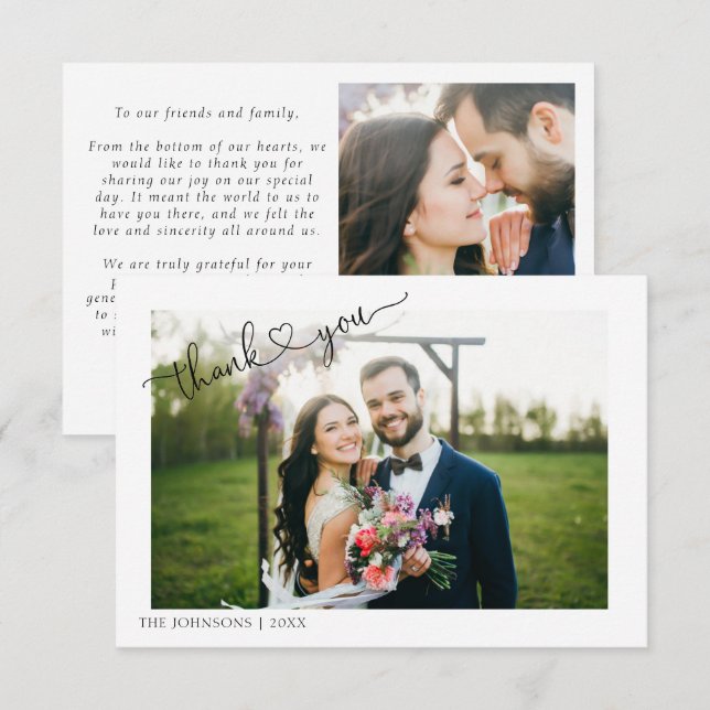 Carte De Remerciements Calligraphie cardiaque moderne 2 Mariage photo Mer (Devant / Derrière)
