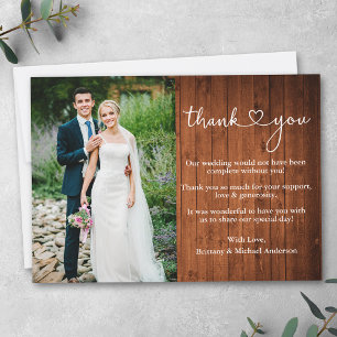 Carte De Remerciements Calligraphie Coeur Bois rustique Mariage Photo
