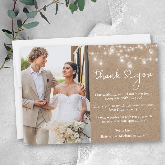 Carte De Remerciements Calligraphie Coeur Jar Lumières Mariage Kraft (Customize to add more text or photos to back of card.)