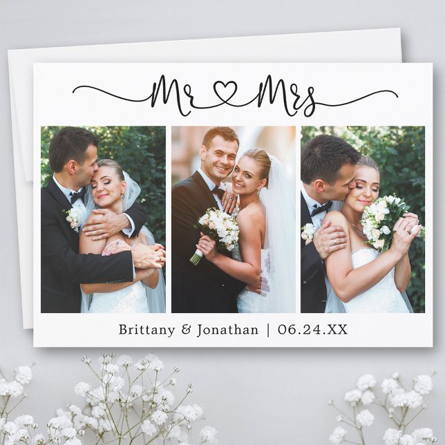 Carte De Remerciements Calligraphie Coeur M. et Mme 3 Mariage photo (Customize to change your personalized text size or text style.)