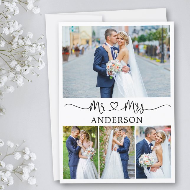 Carte De Remerciements Calligraphie Coeur M. et Mme 4 Photos Mariage (Customize to add text or more photos to back of card.)