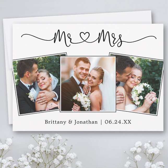 Carte De Remerciements Calligraphie Coeur M. et Mme Mariage 3 Photo (Customize to change your personalized text size or text style.)