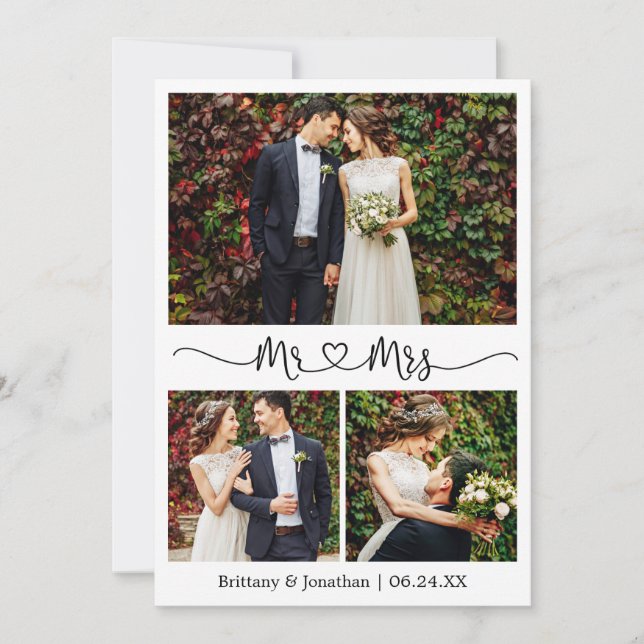 Carte De Remerciements Calligraphie Coeur M. et Mme Mariage 3 Photo (Devant)