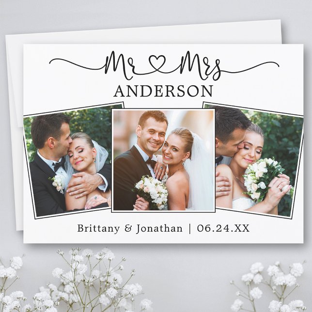 Carte De Remerciements Calligraphie Coeur M. et Mme Mariage 3 Photos (Customize to change your personalized text size or text style.)