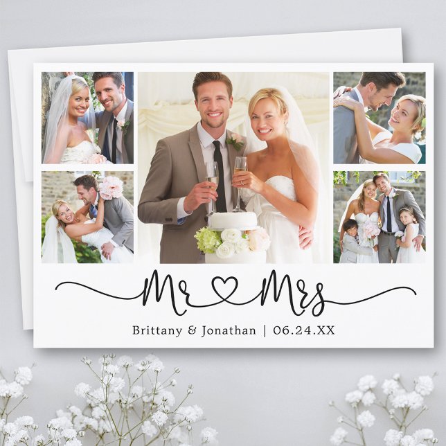 Carte De Remerciements Calligraphie Coeur M. et Mme Mariage 5 Photo (Customize to change your personalized text size or text style.)