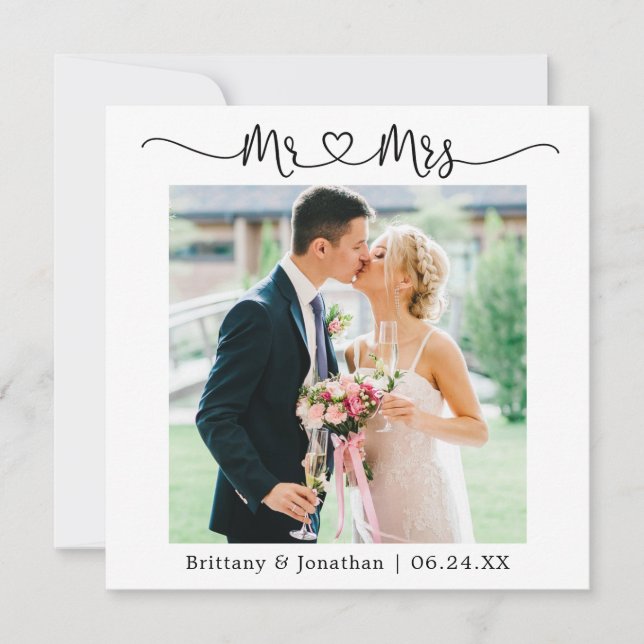 Carte De Remerciements Calligraphie Coeur M. et Mme Mariage Photo (Devant)