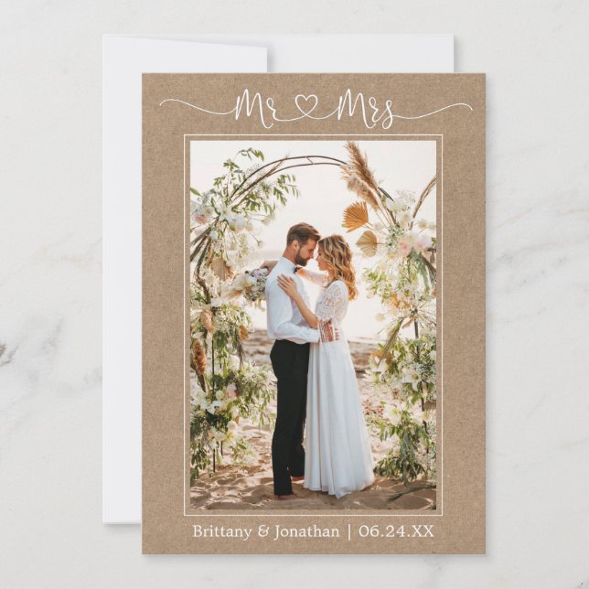 Carte De Remerciements Calligraphie Coeur M. et Mme Mariage Photo Kraft (Devant)