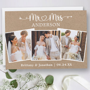 Carte De Remerciements Calligraphie Coeur M. Mme 3 Photos Mariage Kraft