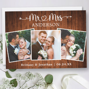 Carte De Remerciements Calligraphie Coeur M. Mme 3 Photos Mariage Wood