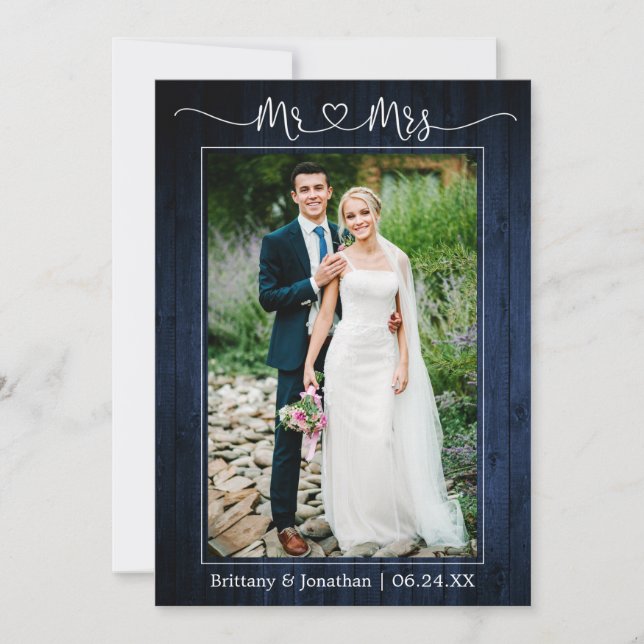 Carte De Remerciements Calligraphie Coeur M. Mme Blue Wood Mariage Photo (Devant)