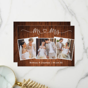Carte De Remerciements Calligraphie Coeur M. Mme Mariage 3 Photo Bois