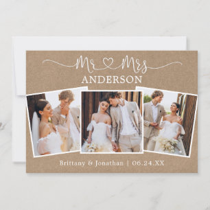 Carte De Remerciements Calligraphie Coeur M. Mme Mariage 3 Photos Kraft