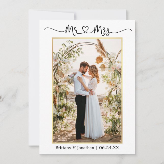 Carte De Remerciements Calligraphie Coeur M. Mme Mariage Photo Or (Devant)