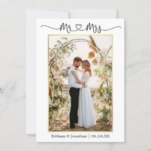 Carte De Remerciements Calligraphie Coeur M. Mme Mariage Photo Or