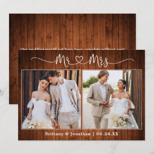 Carte De Remerciements Calligraphie Coeur M. Mme Mme 2 Mariage photo Wood