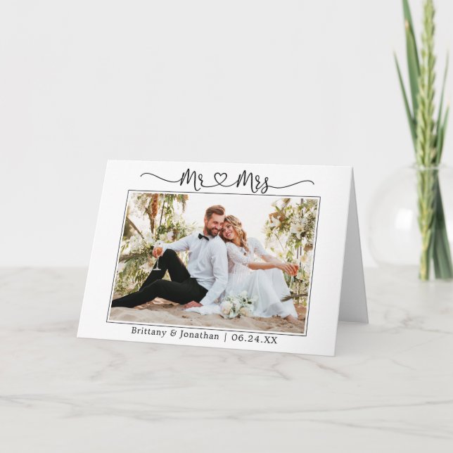 Carte De Remerciements Calligraphie Coeur Mariage M. et Mme Photo Pold (Devant)