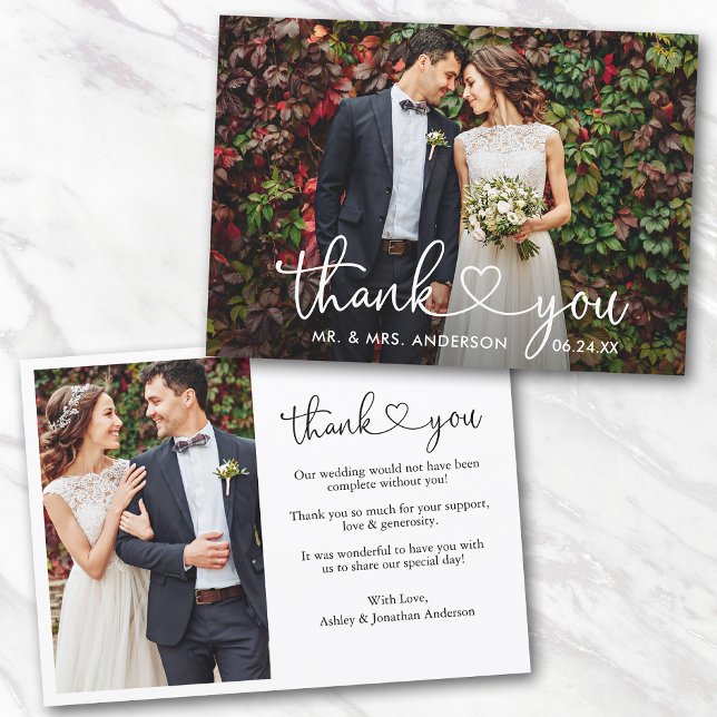 Carte De Remerciements Calligraphie Coeur Mariage Mariée Groom 2 Photo (Customize to change your personalized text size or text style.)