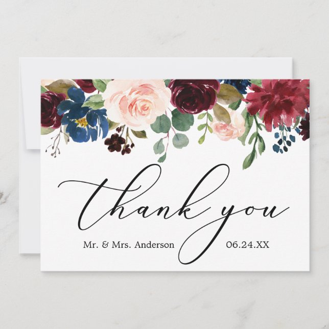 Carte De Remerciements Calligraphie délicate Burgundy Bleu Floral Mariage (Devant)