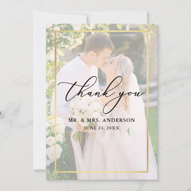 Carte De Remerciements Calligraphie délicate Mariage 2 Photo Gold Overlay (Devant)