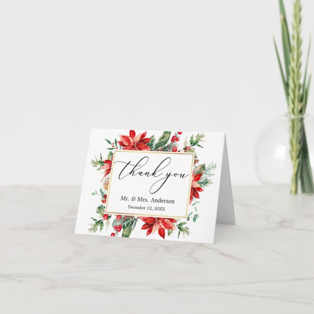Carte De Remerciements Calligraphie délicate Poinsettia Mariage Note (Devant)